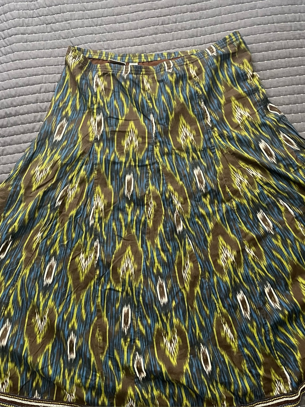 Chico maxi circle skirt with blue, green, and white abstract leaf-like pattern